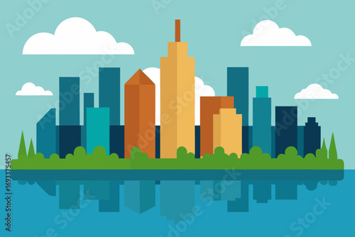 Modern city skyline with buildings reflected in water under a cloudy sky
