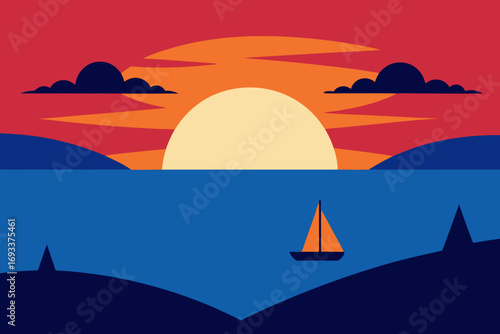 Minimalist sailboat on blue ocean at vibrant sunset with colorful sky and clouds