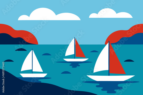 Three sailboats with red and white sails glide across a blue ocean