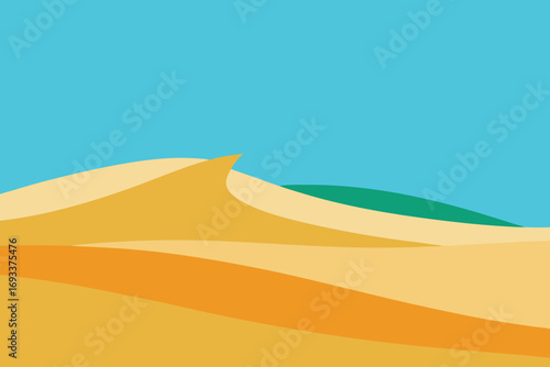 Stylized desert landscape with rolling sand dunes and a clear blue sky