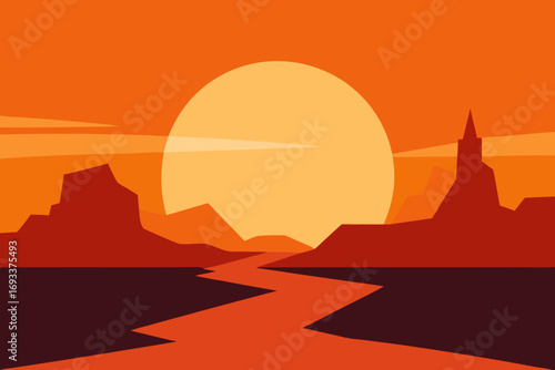 Vibrant desert landscape with a winding river under a large setting sun