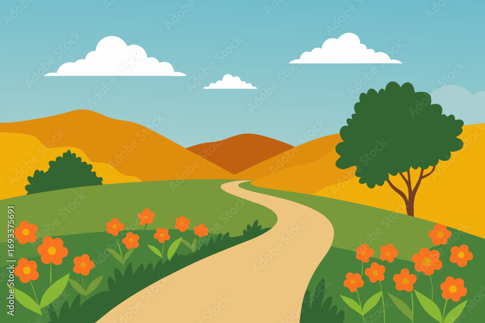 Fototapeta premium Curving path through rolling hills and fields of flowers under a blue sky