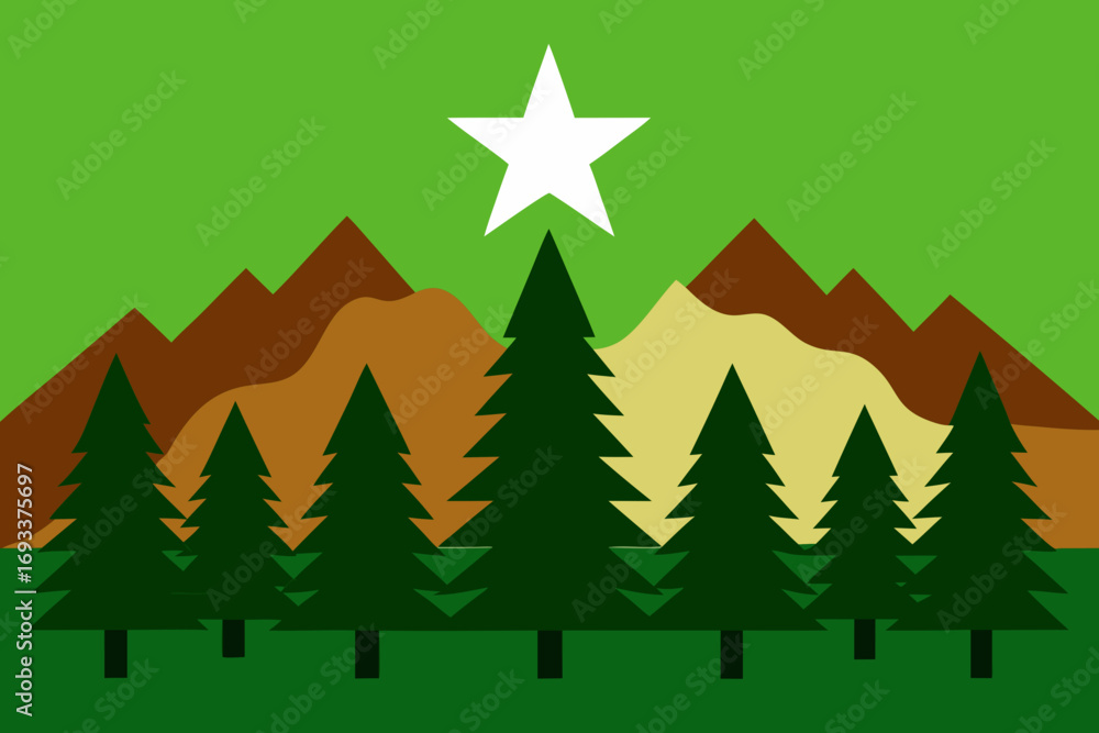 Obraz premium Stylized mountain landscape with evergreen trees and a bright star