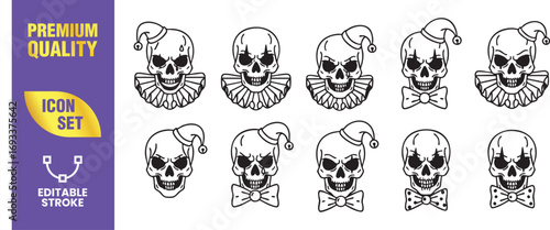 Set of ten vector line art skull icons collection of skulls in jester costume, with ruff collar and bow tie halloween concept vector illustration