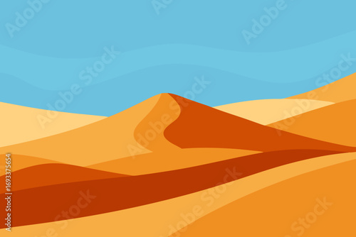 Stylized desert landscape with rolling sand dunes under a blue sky
