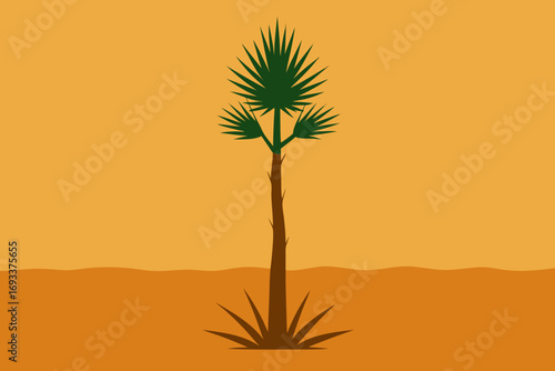 Stylized illustration of a lone palm tree in a desert landscape