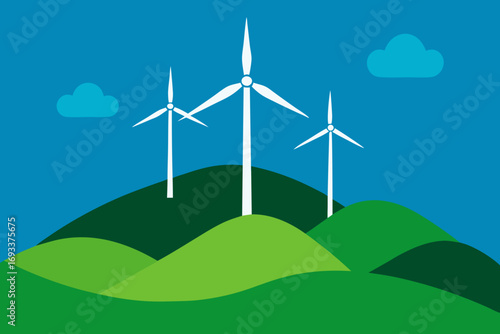 Three white wind turbines on green hills under a blue sky with clouds