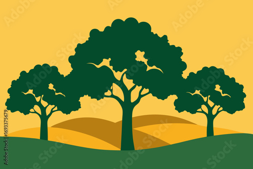 Stylized silhouette of three green trees against a yellow sky and rolling hills