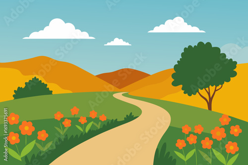 Curving path through rolling hills and fields of flowers under a blue sky