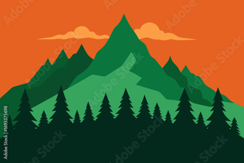 Stylized mountain range with evergreen trees and clouds at sunset