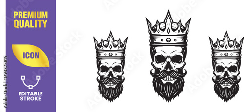 Three skull icons, each adorned with a crown and a beard, showcasing a vintage style with detailed line work and a touch of gothic flair, perfect for tattoo design