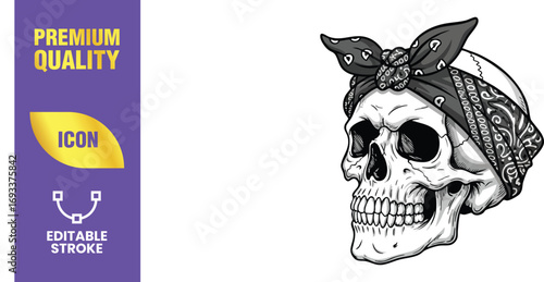 A captivating skull illustration, featuring a bandana, perfect for edgy designs and rebellious art, conveying a sense of urban grit and counterculture