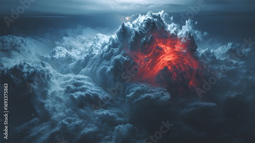 A dramatic, night-time view of tumultuous clouds, featuring a fiery core within a vast, textured cloud formation.