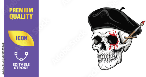 A captivating skull illustration, adorned with a beret and paintbrush, perfect for artistic designs and creative projects, conveying a sense of macabre artistry