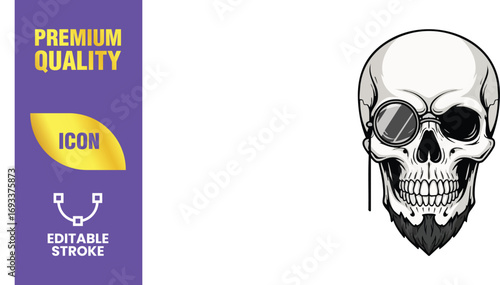 A captivating skull illustration, featuring a monocle and beard, perfect for edgy designs and tattoo art, conveying a sense of vintage sophistication