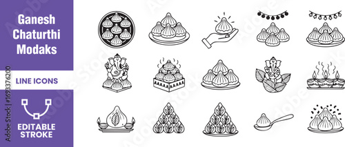 Set of line icons of modak, a traditional indian sweet, for ganesh chaturthi festival handdrawn vector illustration of the sweet treat offered to ganesha