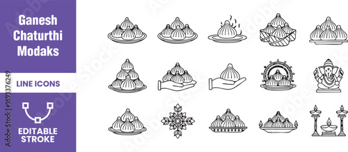 Line icons of modak, a traditional indian sweet, for ganesh chaturthi festival handdrawn vector illustration of the sweet treat offered to lord ganesha