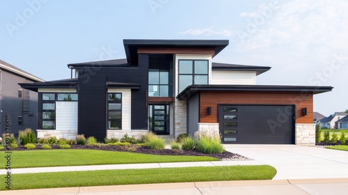 Modern architectural design of a stylish home with landscaped yard and clear blue sky in the background