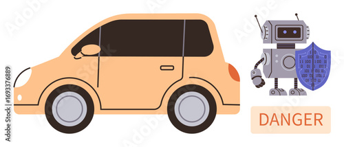 Self-driving car alongside robot with shield representing cybersecurity and safety. Ideal for tech, AI, self-driving, cybersecurity, risk, innovation, smart technology. Simple flat metaphor