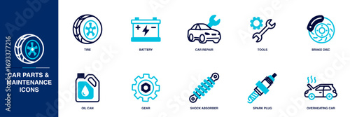 Car Parts & Maintenance Blue Colored Outline Icon Set