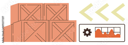 Stacked wooden crates next to performance chart with gear icon and three arrows. Ideal for logistics, inventory control, supply chain, warehouse optimization, business efficiency, and stock tracking