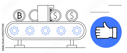 Conveyor belt transferring coins thumbs up Bitcoin and dollar with cogs and a thumbs-up. Ideal for fintech, automation, cryptocurrency, payment process, digital currency, technology, simple landing