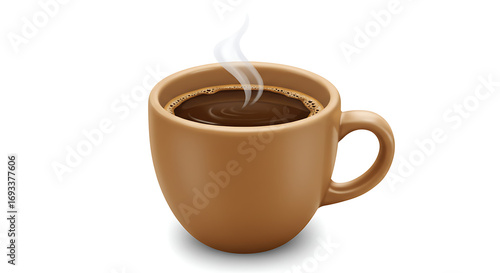 Realistic emoji of a steaming cup of coffee, ceramic mug with rich details