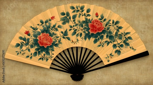 An elegant, antique-style fan displays a vibrant floral design of roses and leaves on a light beige background.