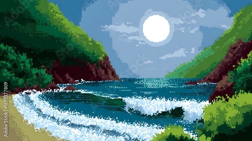A pixelated coastal scene displays a tranquil beach at night, with waves crashing against the shore.