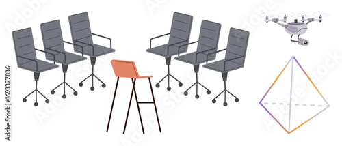 Grey office chairs with orange stool, hovering Quadcopter, and triangular prism. Ideal for teamwork, innovation, leadership, tech design, brainstorming business and creativity. Clean simple flat