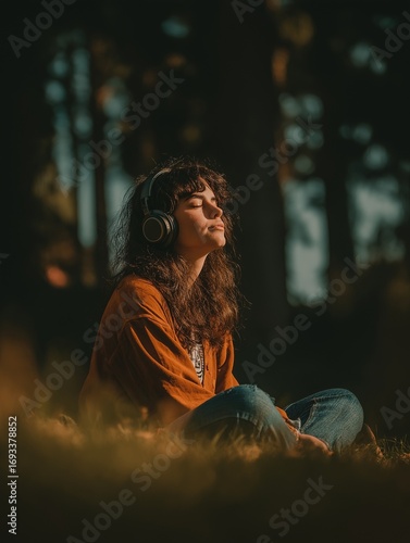 A woman with curly hair sits peacefully in nature, wearing headphones and enjoying music, surrounded by soft sunlight and trees.