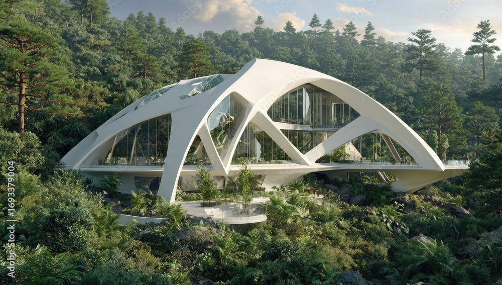 Fototapeta premium Modern white house nestled in lush forest