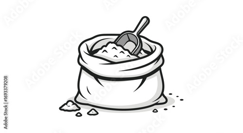 A captivating monochromatic illustration of a sack filled with powdery contents and scoop