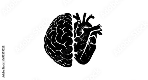 A stylized graphic depiction of the brain and heart connection in silhouette form displaying human