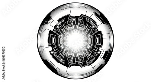 Abstract futuristic sphere with intricate circuit patterns radiating bright light