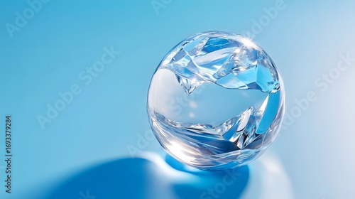 Glass globe melting ice climate concept sustainability blue background minimal design reflective surface environmental theme crystal sphere clean light evokes concern for planet and hope for change