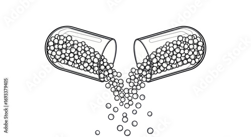 Conceptual illustration of a capsule split open and medicine falling out artwork