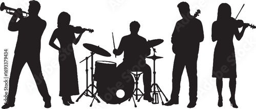 Diverse Musical Ensemble Silhouettes Playing Instruments, Trumpet, Violin, Drums, Guitar, Vector Graphic Design