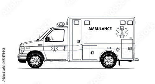 Detailed line drawing of an ambulance showcasing emergency medical vehicle design features