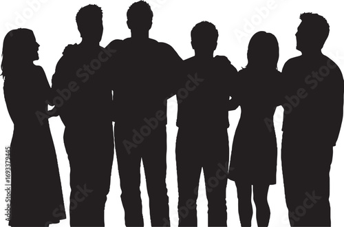 Diverse Group of Six People Silhouettes Standing Together in Unity