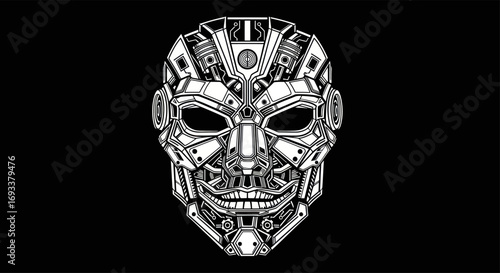 Detailed vector illustration of a futuristic robot head against a dark isolated background