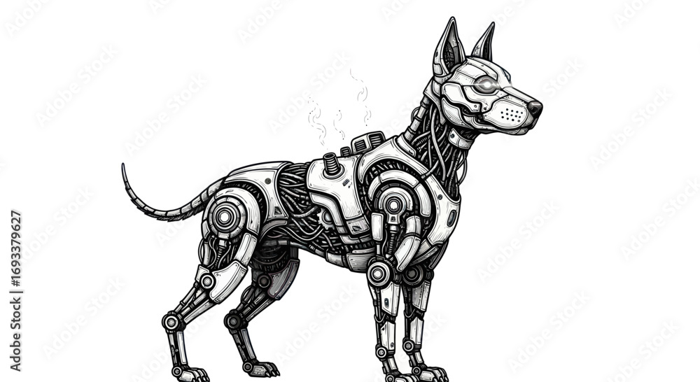 Fototapeta premium Futuristic canine guardian standing alert with detailed robotic skeletal structure design