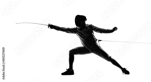Focused fencer silhouette lunging with blade outstretched in a dynamic pose