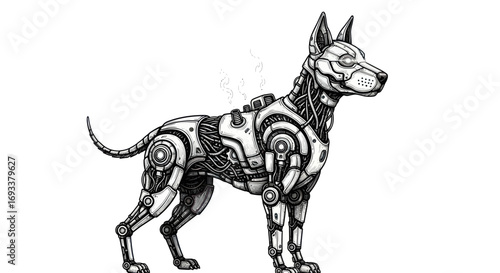 Futuristic canine guardian standing alert with detailed robotic skeletal structure design