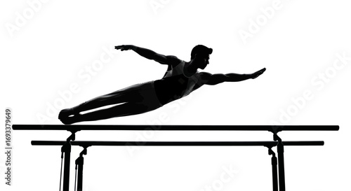 Gymnast silhouette executing a daring maneuver on parallel bars with graceful artistry and