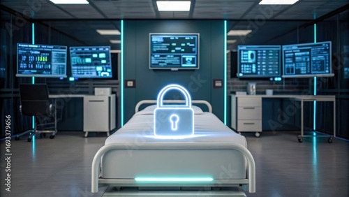 Ai threats healthcare systems glow over hospital bed cybersecurity warning, digital lock icon guards patient data modern clinic room