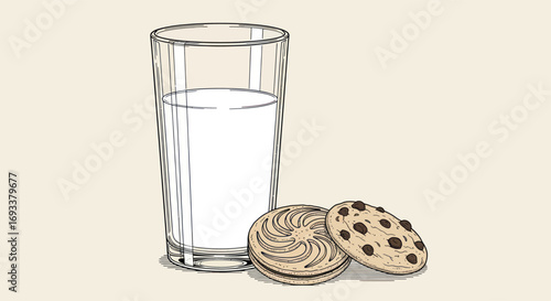 Hand-Drawn Milk and Cookie Illustration Depicting Wholesome Snack and Comfort Food Composition