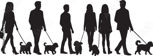 Black silhouettes of diverse people walking dogs on leashes