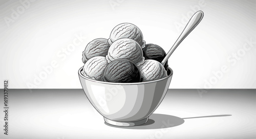 Monochromatic marvel: a bowl of delightful ice cream scoops with gleaming spoon design