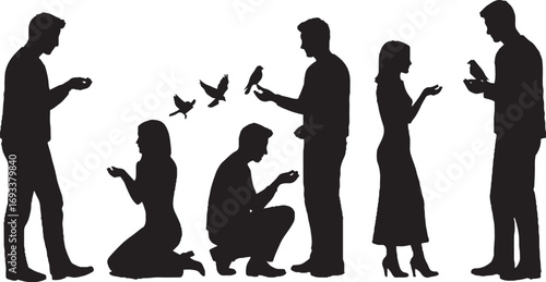 Diverse People and Birds Interacting Silhouettes Vector Set